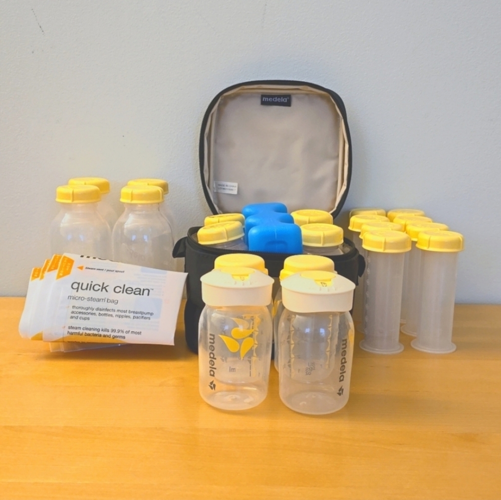Medela Storage Cooler, Ice Pack, & 2.5 Oz, 5 Oz, 8 Oz Bottles and Lids.